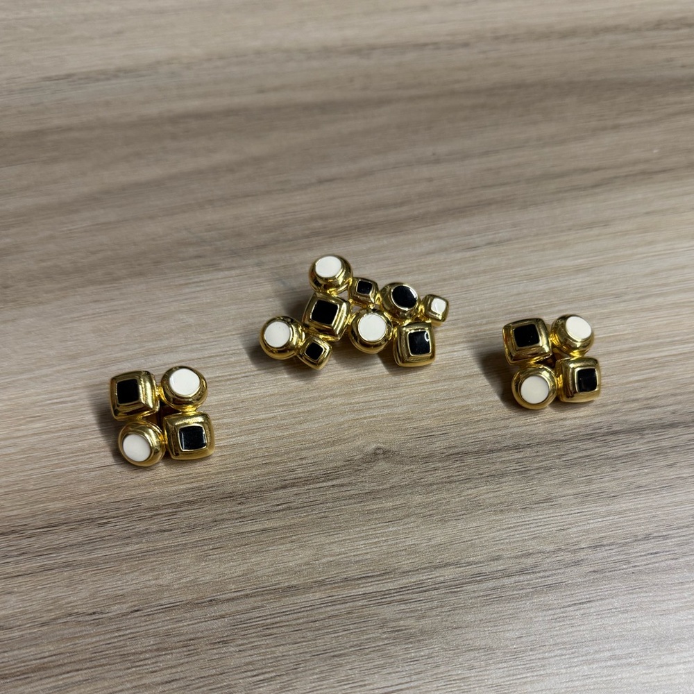 Vintage Gold Black and White Clip On Earrings and Matching Enamel Gold Brooch